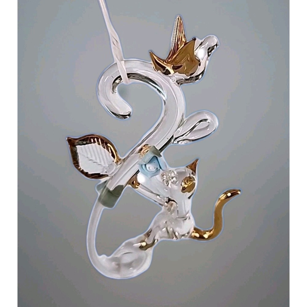 VTG Murano Blown Glass Art Figurine Cat & Bird 4" Gold Leaf Porcelain Roses Rare